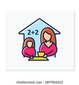 Mathematics lesson color line icon. Child teaches math with his mother. Home education concept. Distance learning and home teaching. Isolated vector illustration