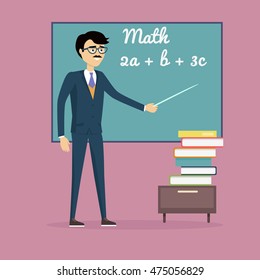 Mathematics lesson concept vector. Flat design. Teacher character with pointer at blackboard with mathematical equations and stack of books below. Illustration for university, tutoring, courses ad.