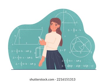 Concepto de lección matemática. La mujer escribe con audacia fórmulas en la pizarra. Formación y educación. El profesor explica el tema a los estudiantes, dirige la conferencia. Afiche o pancarta. Dibujo vectorial plano de dibujos animados