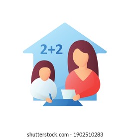 Mathematics lesson flat icon. Child teaches math with his mother. Home education concept. Distance learning and home teaching. Isolated color vector illustration