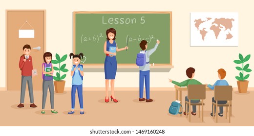 Mathematics lesson flat vector illustration. Cheerful teacher at chalkboard explaining maths to pupils cartoon characters. Schoolchildren study arithmetics, algebra formula, doing sums