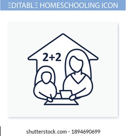 Icono de línea de lección matemática. El niño enseña matemáticas con su madre. Concepto de educación en el hogar. Aprendizaje a distancia y enseñanza en el hogar. Ilustración vectorial editable