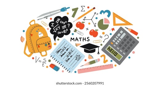 Mathematics lesson at school, science. Oval art with calculator, backpack, math formulas, pencil, ruler and compass. Vector isolated illustration, hand drawn, flat