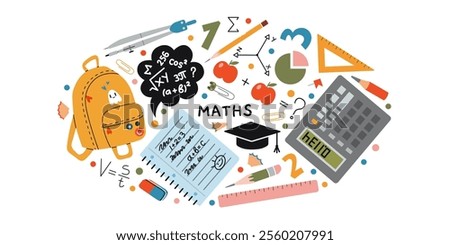 Mathematics lesson at school, science. Oval art with calculator, backpack, math formulas, pencil, ruler and compass. Vector isolated illustration, hand drawn, flat