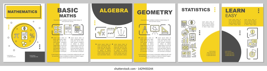 Mathematics lessons brochure template layout. Flyer, booklet, leaflet print design with linear illustrations. Geometry, algebra. Vector page layouts for magazines, annual reports, advertising posters