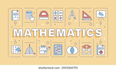 Mathematik Licht orange Wort Konzept. Berechnungen der Wissenschaft. Akademische Disziplin, Algebra. In: Typografy Banner. Vektorillustration mit Titeltext, bearbeitbare Symbolfarbe. Hubot Sans Schriftart verwendet