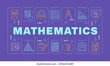 Mathematics light orange word concept. Science calculations. Academic discipline, algebra. Horizontal vector image. Headline text surrounded by editable outline icons