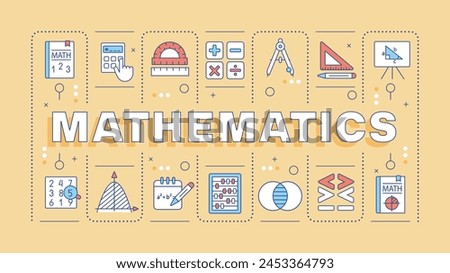 Mathematics light orange word concept. Science calculations. Academic discipline, algebra. Typography banner. Vector illustration with title text, editable icons color. Hubot Sans font used