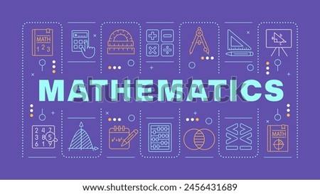Mathematics light orange word concept. Science calculations. Academic discipline, algebra. Horizontal vector image. Headline text surrounded by editable outline icons