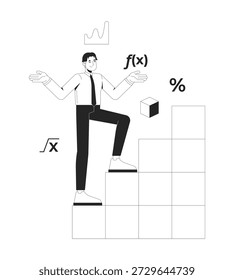 Conceito de ilustração de linha de matemática. Análise em ciência de dados. Professor de matemática asiático subindo escada de conhecimento matemático esboço 2D caráter isolado. Arte vetorial de metáfora linear a tinta