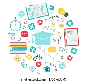 Mathematics line round illustration. Online education concept. Mathematics school subject online education service or platform. Vector illustration in flat style