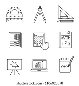 Mathematics linear icons set. Geometry and algebra. Drafting tools, textbook, abacus, calculator. Thin line contour symbols. Isolated vector outline illustrations. Editable stroke