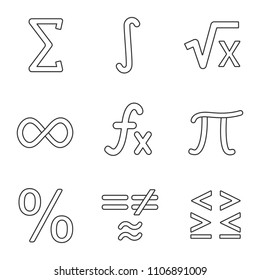 Mathematics linear icons set. Math symbols. Algebra. Thin line contour symbols. Isolated vector outline illustrations. Editable stroke