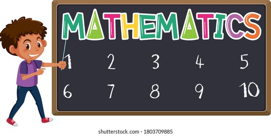 Mathematics logo on blackboard with boy standing isolated illustration