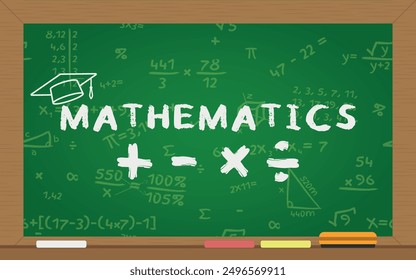 Mathematics Logo on School Blackboard - Logo on Rectangle School Blackboard Written with White Chalk with Mathematical Accounts and Symbols in the Background.