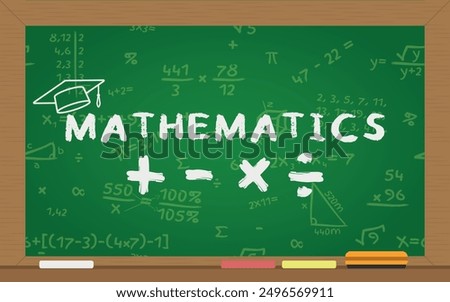 Mathematics Logo on School Blackboard - Logo on Rectangle School Blackboard Written with White Chalk with Mathematical Accounts and Symbols in the Background.