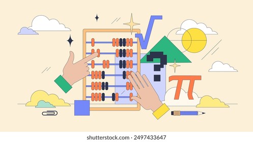 Mathematics and math science with algebra tiny person neubrutalism concept. Formula equations, problem solutions and complex function learning vector illustration. Scientific calculation and study.