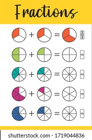 Mathematics, math worksheet for kids. Circle the correct fraction.  Printable Fractions Worksheets for kids. Fraction addition problems.