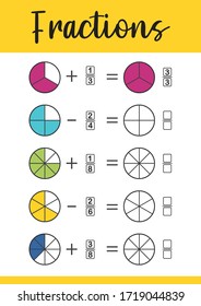 Mathematics, math worksheet for kids. Circle the correct fraction.  Printable Fractions Worksheets for kids. Fraction addition problems.