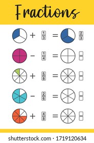 Mathematics, math worksheet for kids. Circle the correct fraction.  Printable Fractions Worksheets for kids. Fraction addition problems.