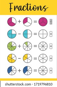 Mathematics, math worksheet for kids. Circle the correct fraction.  Printable Fractions Worksheets for kids. Fraction addition problems.