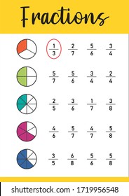 Mathematics, math worksheet for kids. Circle the correct fraction.  Printable Fractions Worksheets for kids. Fraction addition problems.
