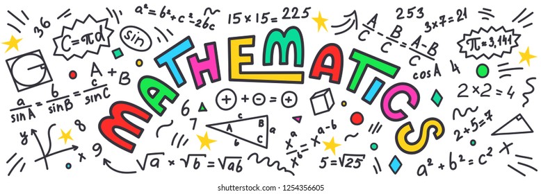 Mathematics. Maths doodles with colorfull lettering on white background. Education vector banner.