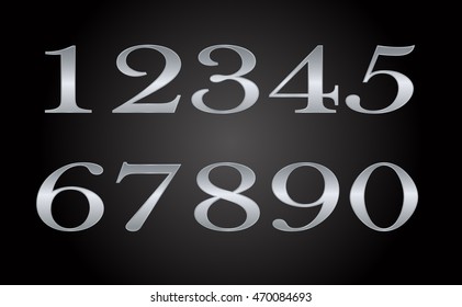mathematics numbers silver, white background, precious metal, on a black background