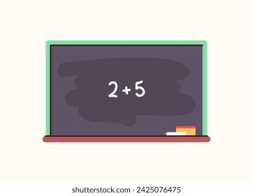Mathematics on blackboard with chalk and conducting maths lesson at chalkboard in classroom flat vector illustration.