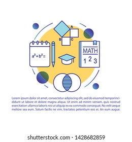 Mathematics online course article page vector template. Math school subject. Brochure, magazine design element with linear icons and text boxes. Print design. Concept illustrations with text space 