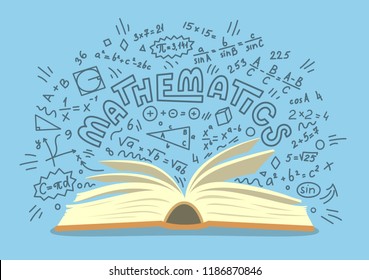 Mathematics. Open book with math doodles on blue background. Education vector illustration.