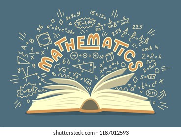 Matemática. Livro aberto com rabiscos matemáticos e letras. Ilustração vetorial de educação.