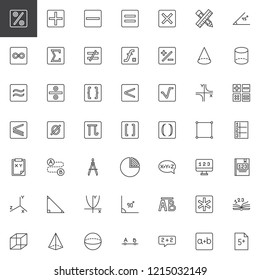 Mathematics Outline Icons Set. Linear Style Symbols Collection, Line Signs Pack. Vector Graphics. Set Includes Icons As Math, Percentage, Geometry, Algebra, Arithmetic, Calculator, Exam Paper, Book