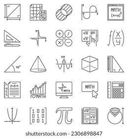 Mathematics outline icons set - Math and Algebra Education concept vector symbols in thin line style