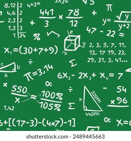 Mathematics Pattern - Mathematics Accounts and Symbols Written with White Chalk on Green School Chalkboard Background. Seamless Link.