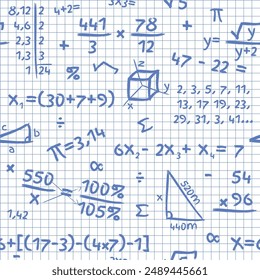 Mathematics Pattern - Mathematical Accounts and Symbols Written with Blue Pen on Squared Paper Sheet Background. Seamless Link.