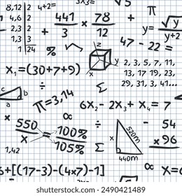 Mathematics Pattern - Mathematical Accounts and Symbols on Squared Paper Sheet Background. Seamless Link.