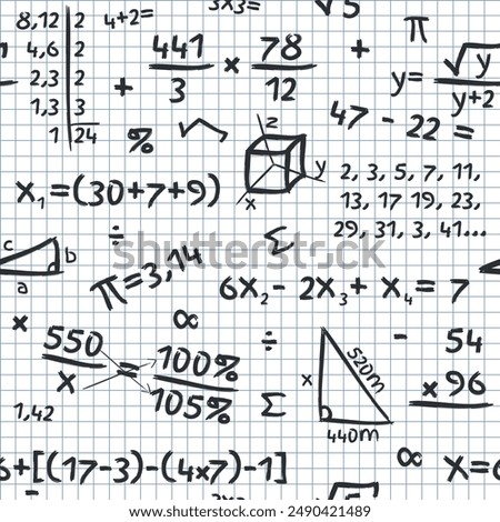 Mathematics Pattern - Mathematical Accounts and Symbols on Squared Paper Sheet Background. Seamless Link.