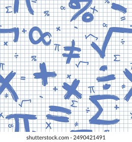 Mathematics Pattern - Various Mathematical Symbols Written with Blue Pen on Squared Paper Sheet Background. Seamless Link.