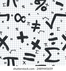 Mathematics Pattern - Various Mathematics Symbols on Squared Paper Sheet Background. Plus, Minus, Times, Divide, Square Root, Equals, Percent, Pi, and others. Seamless Link.