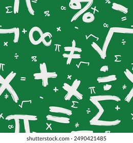 Mathematics Pattern - Various Mathematics Symbols Written with White Chalk on Green School Chalkboard Background. Seamless Link.