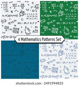 Conjunto de patrones matemáticos - 4 patrones matemáticos de Cuentas y símbolos en pizarra verde escolar, hoja de papel cuadrado y fondos azules. Enlace sin costuras.