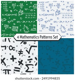 Conjunto de patrones de matemáticas - 4 patrones de matemáticas de Cuentas y varios símbolos en pizarra verde escolar, hoja de papel cuadrado y fondos azules. Enlace sin costuras.