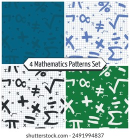 Conjunto de patrones de matemáticas - 4 patrones de matemáticas de varios símbolos en pizarra verde escolar, hoja de papel cuadrado y fondos azules. Enlace sin costuras.