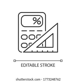 Mathematics pixel perfect linear icon. Formal science, algebra, geometry thin line customizable illustration. Contour symbol. Calculator and ruler vector isolated outline drawing. Editable stroke