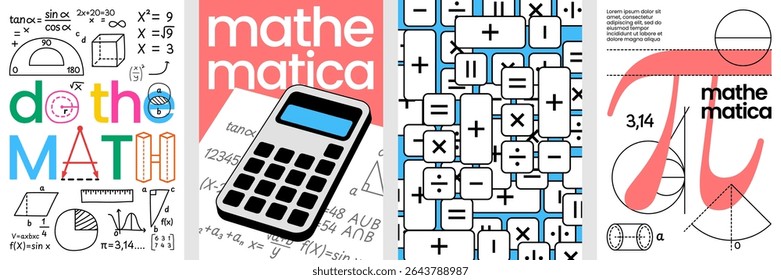 Mathematics poster design collection featuring calculators, equations, formulas, symbols, and geometry elements in colorful and abstract visual styles for learning and education.