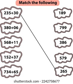 Mathematics problem for kids, numeracy, match the following activity 