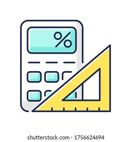 Mathematics RGB color icon. Fundamental formal science. School subject, scientific discipline. Algebra, geometry. Calculator and ruler Isolated vector illustration