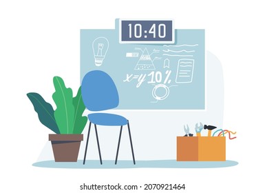 Mathematics or Robotics Classroom Empty Interior, School or College Class With Chair at Blackboard With Formula or Tasks, Box with Instruments, Room for Studying. Cartoon Vector Illustration