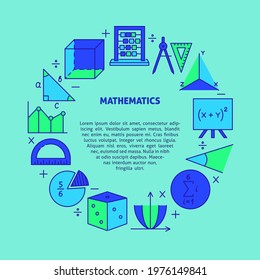 Mathematics round banner with place for text. Circle frame with math symbols in colored line style. Vector illustration.